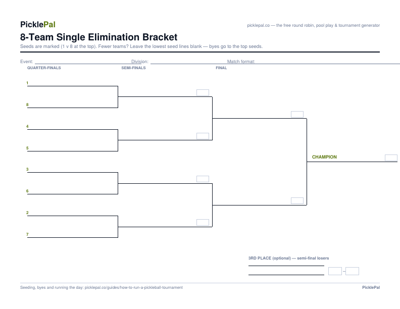 Preview of the 8-team bracket sheet with seed numbers on the entry lines, score boxes at each round and a third-place match box