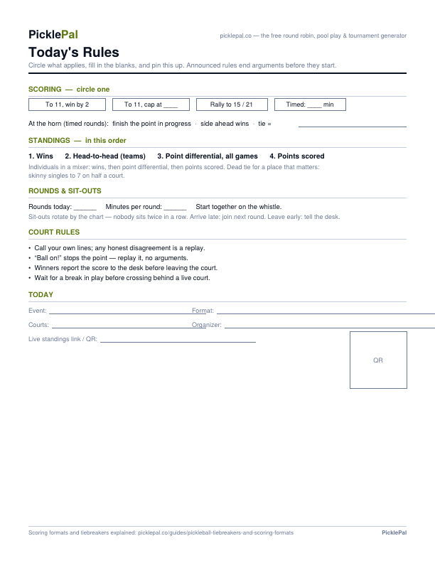 Preview of the rules one-pager with circle-one scoring options, the standings order, and fill-in blanks for rounds and courts