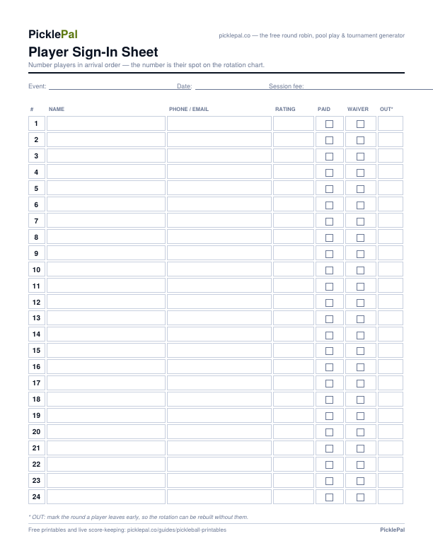 Preview of the sign-in sheet: 24 numbered rows with name, contact, rating, paid and waiver checkboxes
